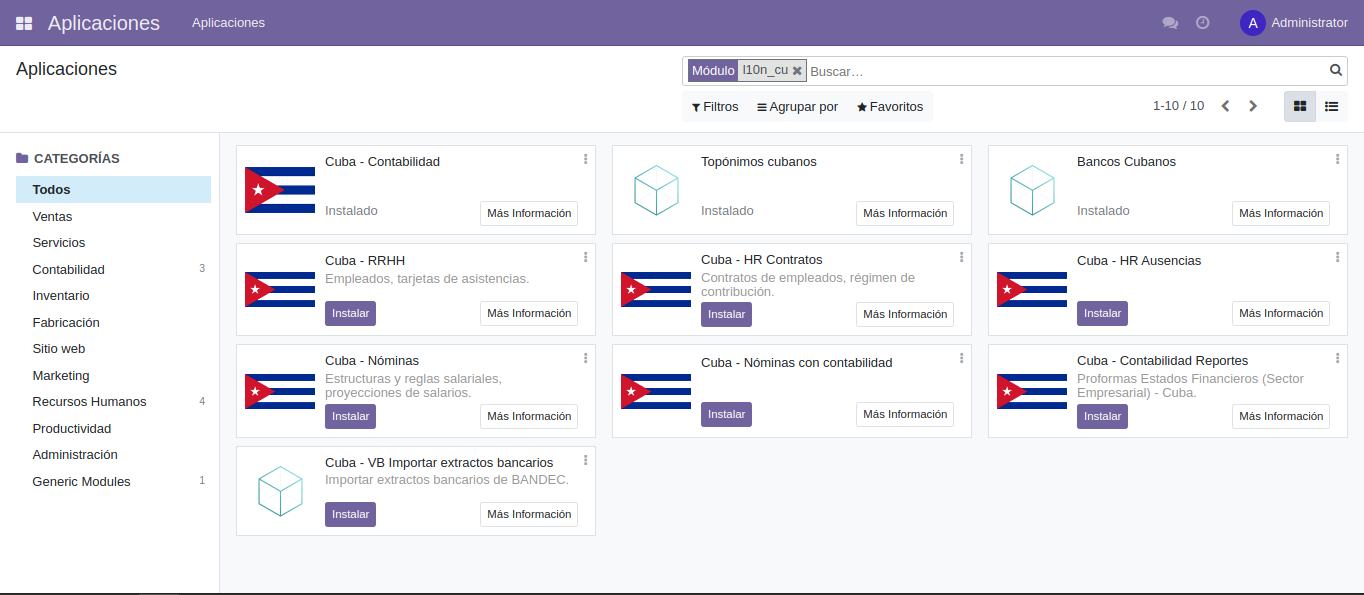Installation of the Cuban localization module in Odoo Apps
